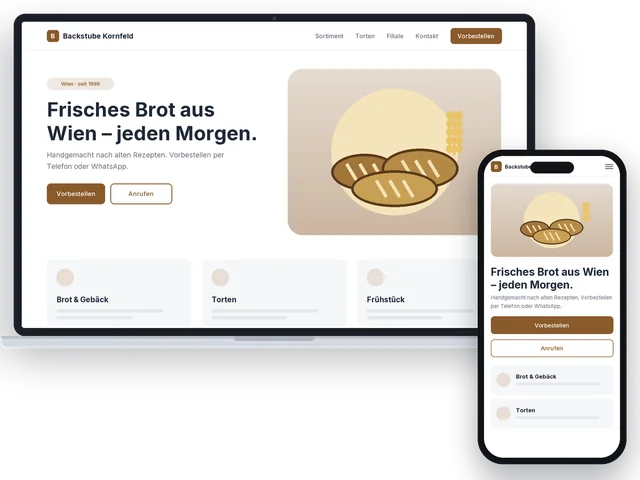 Beispiel-Design einer Website für eine Bäckerei auf Laptop und Handy