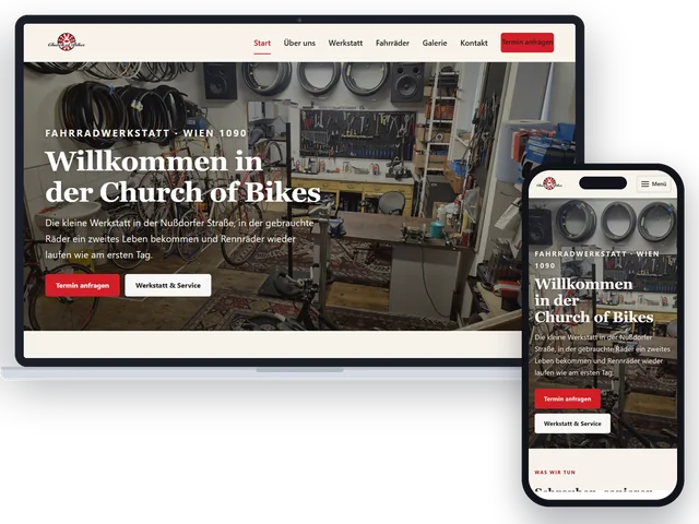 Website der Wiener Fahrradwerkstatt Church of Bikes auf Laptop und Handy – umgesetzt von Webora