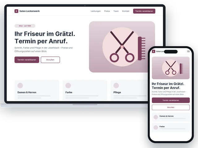 Beispiel-Design einer Website für einen Friseursalon auf Laptop und Handy