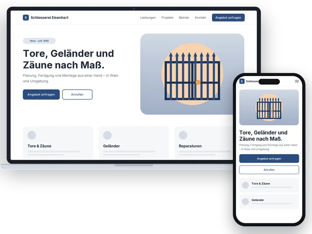Beispiel-Design einer Website für eine Schlosserei auf Laptop und Handy